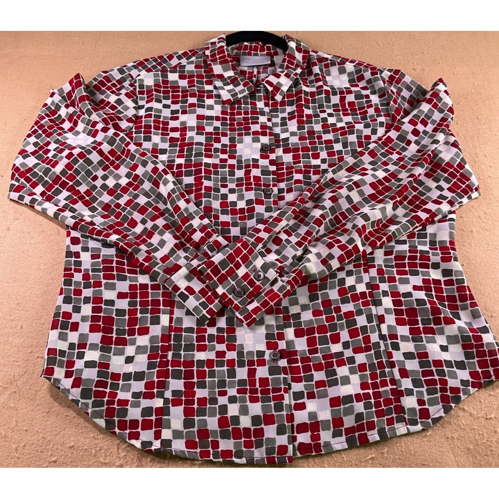 Liz Claiborne Collection Red Grey Geometric Mosaic Print Button Down Shirt 14